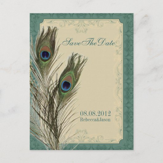 elegante florale pauw Sparen de datum Aankondigingskaart (Voorkant)