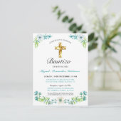 Elegante Flores y Cruz Para Niño Bautizo Invitatio Briefkaart (Staand voorkant)