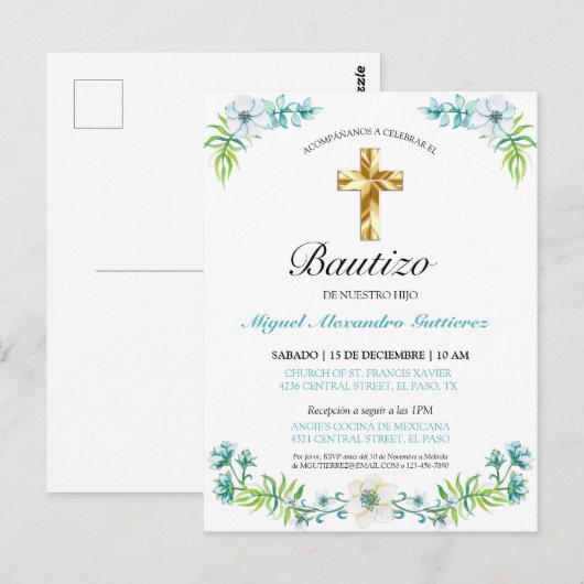Elegante Flores y Cruz Para Niño Bautizo Invitatio Briefkaart (Voorkant / Achterkant)
