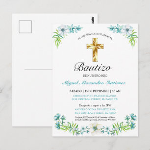 Elegante Flores y Cruz Para Niño Bautizo Invitatio Briefkaart