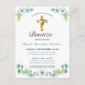 Elegante Flores y Cruz Para Niño Bautizo Invitatio Briefkaart (Voorkant)