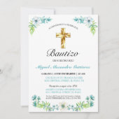 Elegante Flores y Cruz Para Niño Bautizo Kaart (Voorkant)