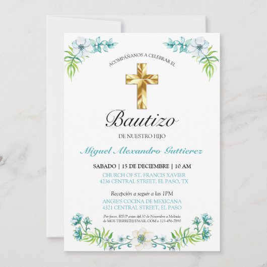 Elegante Flores y Cruz Para Niño Bautizo Kaart (Voorkant)