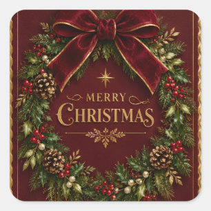 Elegante Fluwelen Strik Kerst, Luxe Botanisch Vierkante Sticker