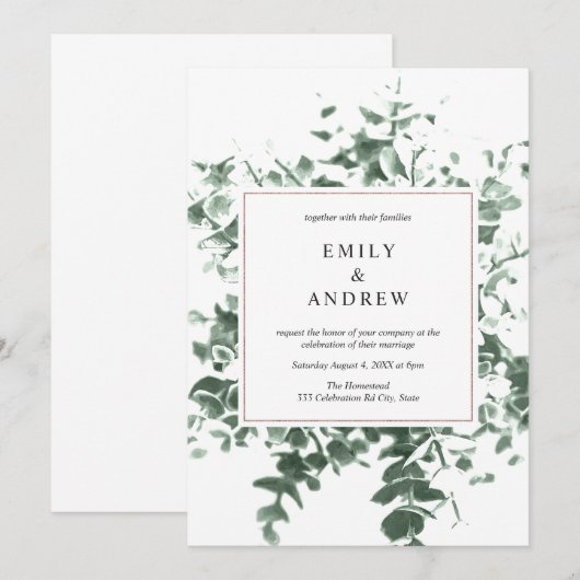 Elegante Foilage Greenery & Roos Gold Lijst bruilo Kaart (Voorkant / Achterkant)