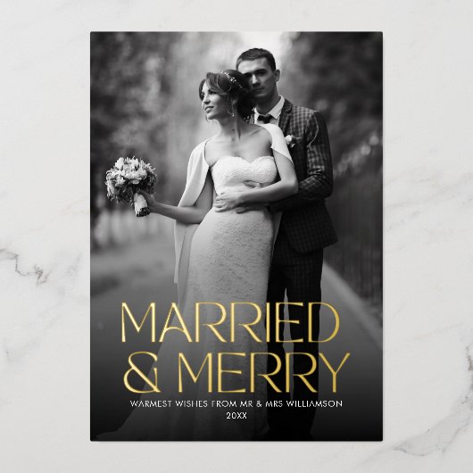 Elegante Folie Getrouwd en Vrolijk Pas getrouwd Fo Folie Feestdagenkaart (Voorkant)