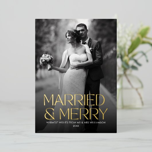 Elegante Folie Getrouwd en Vrolijk Pas getrouwd Fo Folie Feestdagenkaart (Staand Voorkant)