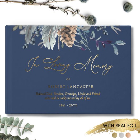 Elegante Folie in liefdevolle herinnering, Blue Fl Gastenboek