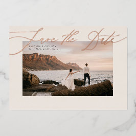 Elegante Folie ingedrukt Save the date op foto Uitnodiging