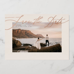 Elegante Folie ingedrukt Save the date op foto Uitnodiging