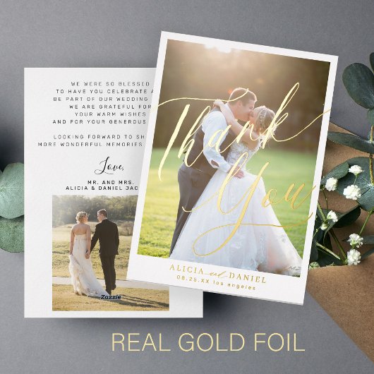 Elegante folie script foto bruiloft bedankkaart uitnodiging