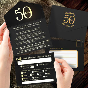 Elegante folieerkaart 50 jaar in bedrijf  all in one uitnodiging