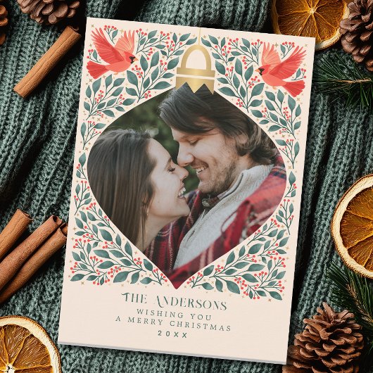 Elegante Folk Art Kardinaal Kerst Fotobehang Foto Feestdagenkaart