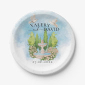 Elegante fontein | bloemen duiven Bruiloft Luxe Papieren Bordje (Voorkant)