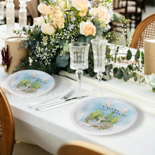 Elegante fontein | bloemen duiven Bruiloft Luxe Papieren Bordje