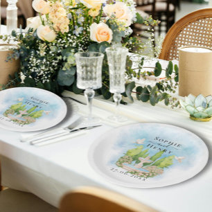 Elegante fontein bloemen duiven Bruiloft Luxe Papieren Bordje