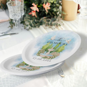 Elegante fontein bloemen duiven Bruiloft Luxe Papieren Bordje