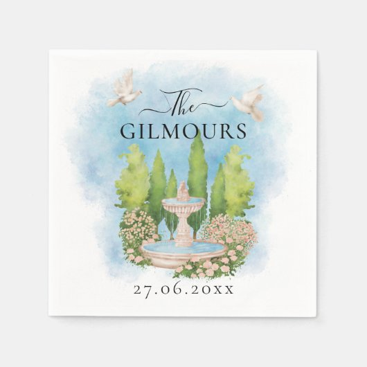 Elegante fontein | bloemen duiven Bruiloft Luxe Servet (Voorkant)
