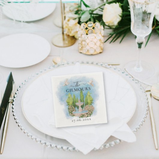 Elegante fontein | bloemen duiven Bruiloft Luxe Servet