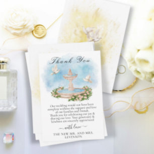 Elegante fontein met bloemen en duiven bedankkaart