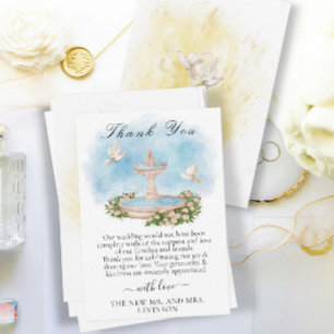 Elegante fontein met bloemen en duiven bedankkaart