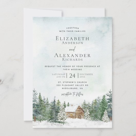 Elegante Forest Cabin Pine Trees Winter Wedding Kaart (Voorkant)