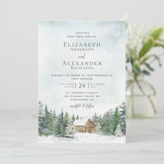 Elegante Forest Cabin Pine Trees Winter Wedding Kaart (Staand voorkant)