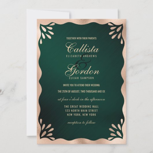 Elegante Forest Gold Metallic Wavy Border Wedding Kaart (Voorkant)