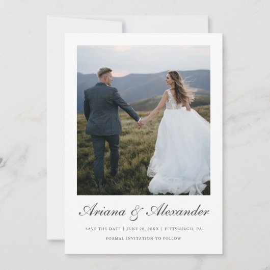 Elegante Forest Green Script Fotobruiloft Save The Date (Voorkant)