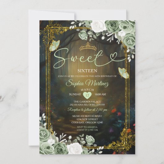 Elegante Forest Sage Green Princess Quinceañera Kaart (Voorkant)