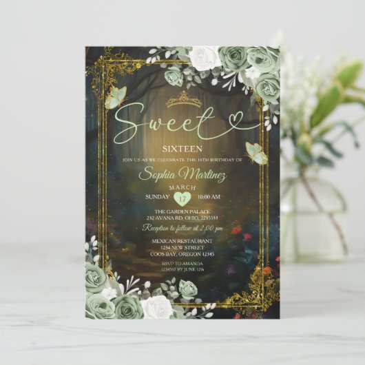 Elegante Forest Sage Green Princess Quinceañera Kaart (Staand voorkant)