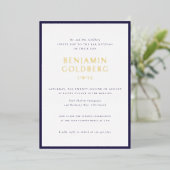 Elegante formele Blue Lijst Bar Bat Mitzvah Gold Folie Uitnodiging (Staand Voorkant)