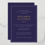 Elegante formele Blue Lijst Bar Bat Mitzvah Gold Folie Uitnodiging<br><div class="desc">Elegante Formal Solid Blue White Lijst Bar Bat Mitzvah Gold Foil Invitation Sjabloon</div>