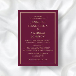 Elegante formele bordeauxrode trouw goud folie uitnodiging