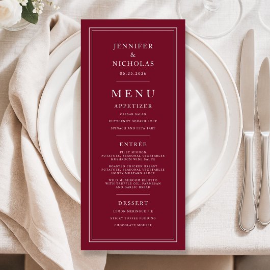 Elegante formele bordeauxrode trouw menu