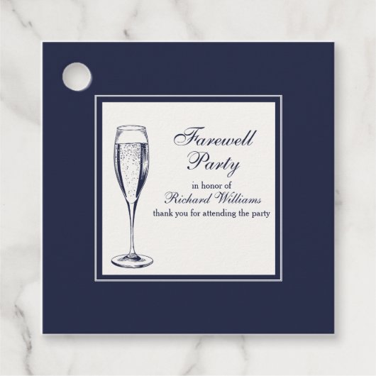 Elegante formele donkerblauwe witte afscheidsfeest bedankjes labels (Voorkant)