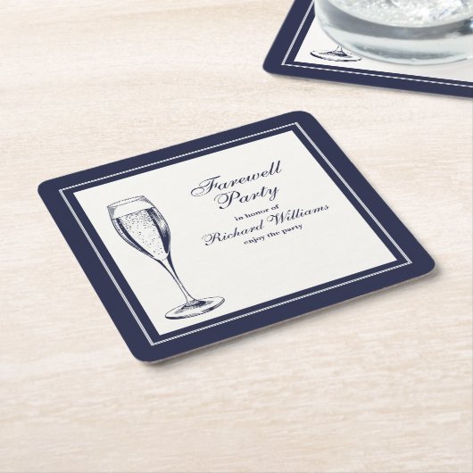 Elegante formele donkerblauwe witte afscheidsfeest kartonnen onderzetters (Schuin)