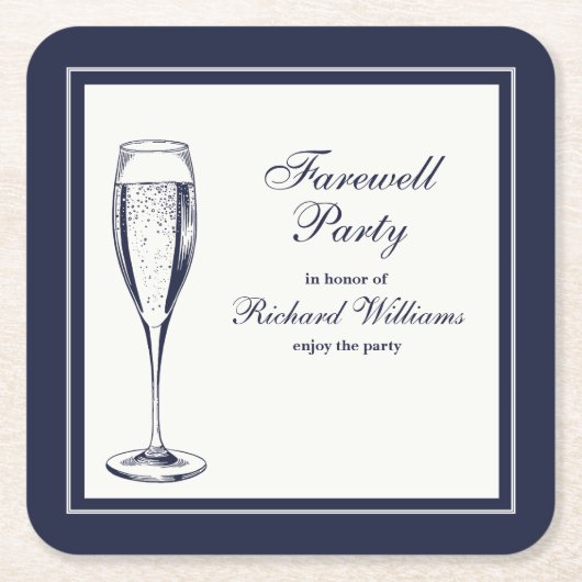 Elegante formele donkerblauwe witte afscheidsfeest kartonnen onderzetters (Voorkant)