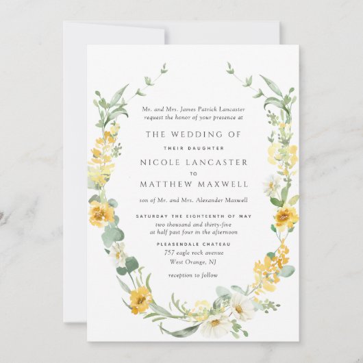 Elegante formele gele bloemenbruiloft kaart (Voorkant)