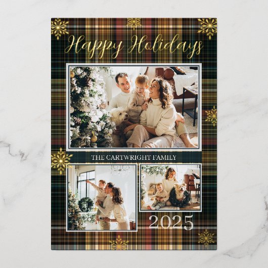 Elegante formele geruite gezinsfoto fijne feestdag folie uitnodiging (Voorkant)
