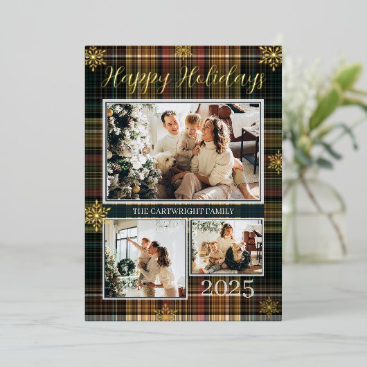 Elegante formele geruite gezinsfoto prettige feest folie uitnodiging (Staand Voorkant)