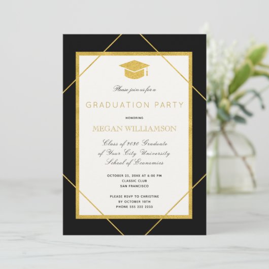 Elegante formele gouden afstudeerder pet afstudeer kaart (Staand voorkant)