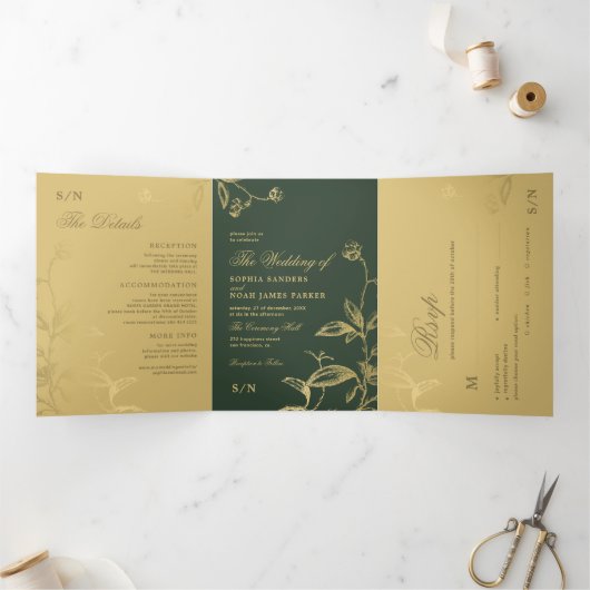 Elegante formele groene gouden bruiloft RSVP detai Drieluik Uitnodiging (Binnen)