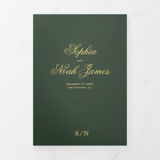 Elegante formele groene gouden bruiloft RSVP detai Drieluik Uitnodiging (Cover)
