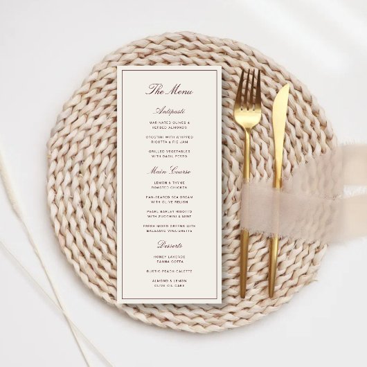 Elegante formele ivoor & bordeaux trouwdag menu