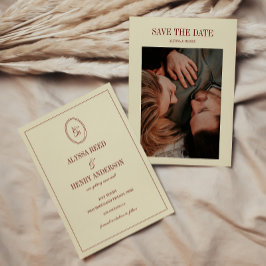 Elegante formele ivoor monogram koppel foto bruilo save the date