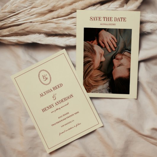 Elegante formele ivoor monogram koppel foto bruilo save the date