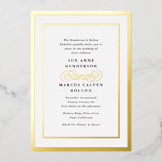 Elegante formele kalligrafie gouden lijst bruiloft folie uitnodiging (Voorkant)