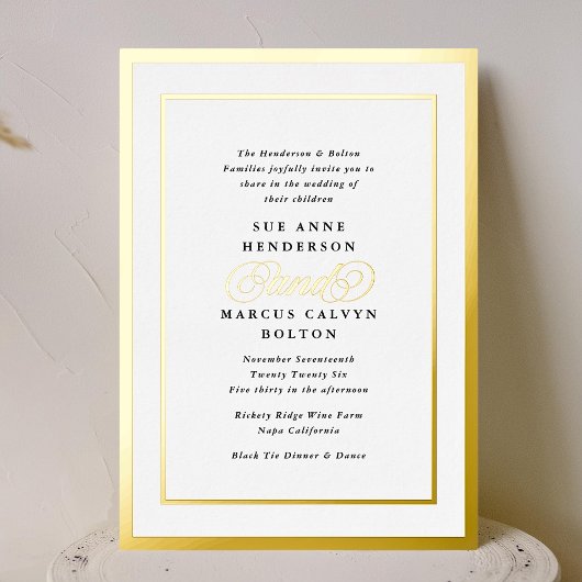 Elegante formele kalligrafie gouden lijst bruiloft folie uitnodiging