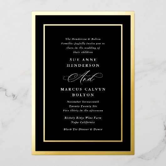 Elegante Formele Kalligrafie Onyx Goud Lijst Bruil Folie Uitnodiging (Voorkant)